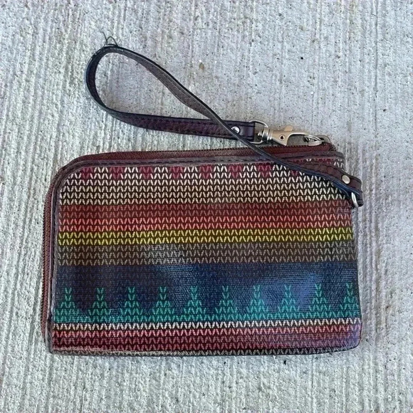 Fossil KeyPer. Geometric Coated Canvas Wristlet With Brown Leather Trim 6 x 4 - Picture 3 of 4